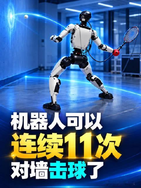 视频中，机器人可以“自主对墙练习”连续击打11次，也可以完成“正反手交替”，“正反手连续接球”，“跨