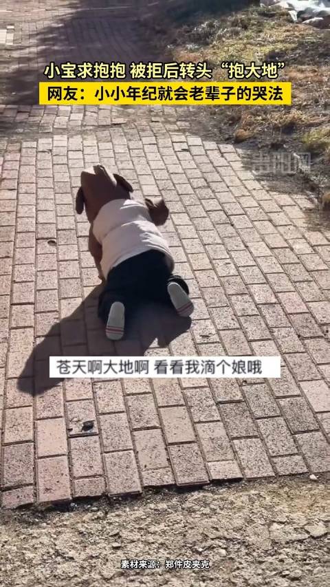 【黑龙江一#萌娃求抱被拒后上演老辈子哭法# 哭着趴地用手锤】近日，黑龙江。一段萌娃“撒泼”的视频逗乐
