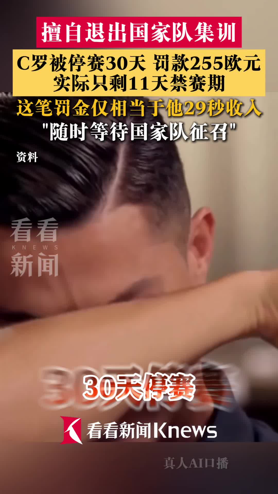 擅自退出国家队集训!C罗被停赛30天 罚款255欧元