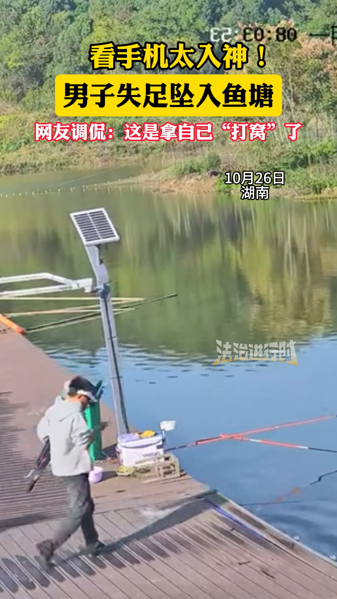看手机太入神！男子失足坠入鱼塘