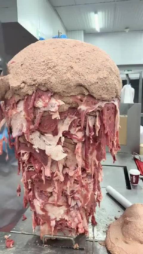 一位在德国的土耳其烤肉店主，展示了他准备的烤肉，并说“真正的肉质烤肉就是这样