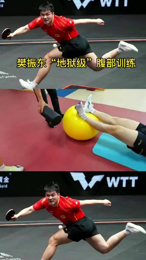 樊振东的腹部训练堪称地狱级：瑜伽球上身体悬空，教练从旁敲击干扰，他咬牙稳住每一秒