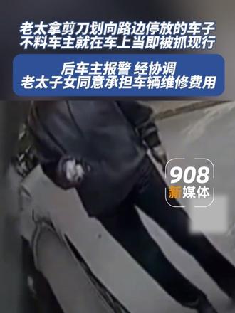 老太拿剪刀划向路边停放的车子，被车主逮个正着。