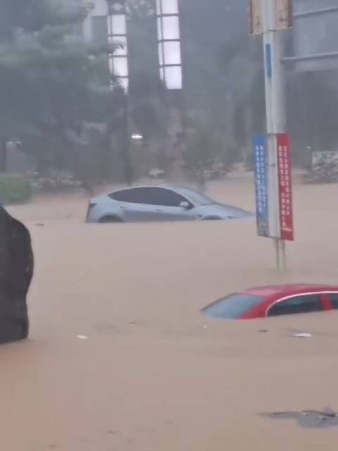 #海南暴雨##海南五指山持续暴雨市民发声# 海南暴雨，街道积水把车子都淹了，这场持续暴雨导致五指山的