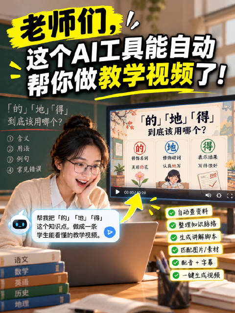 只要给AI一个知识点，它就能帮你做成一条完整的教学视频！不用自己找资料、做PPT、配音、剪辑