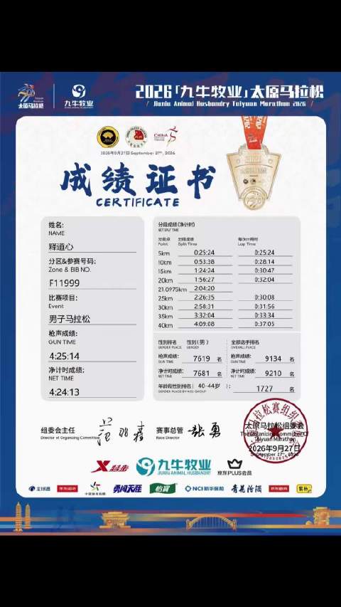 完赛证书｜太原马拉松｜最佳成绩就是安全、无伤完赛。健健康康跑向未来。第42场马拉松。圆满落幕。第43
