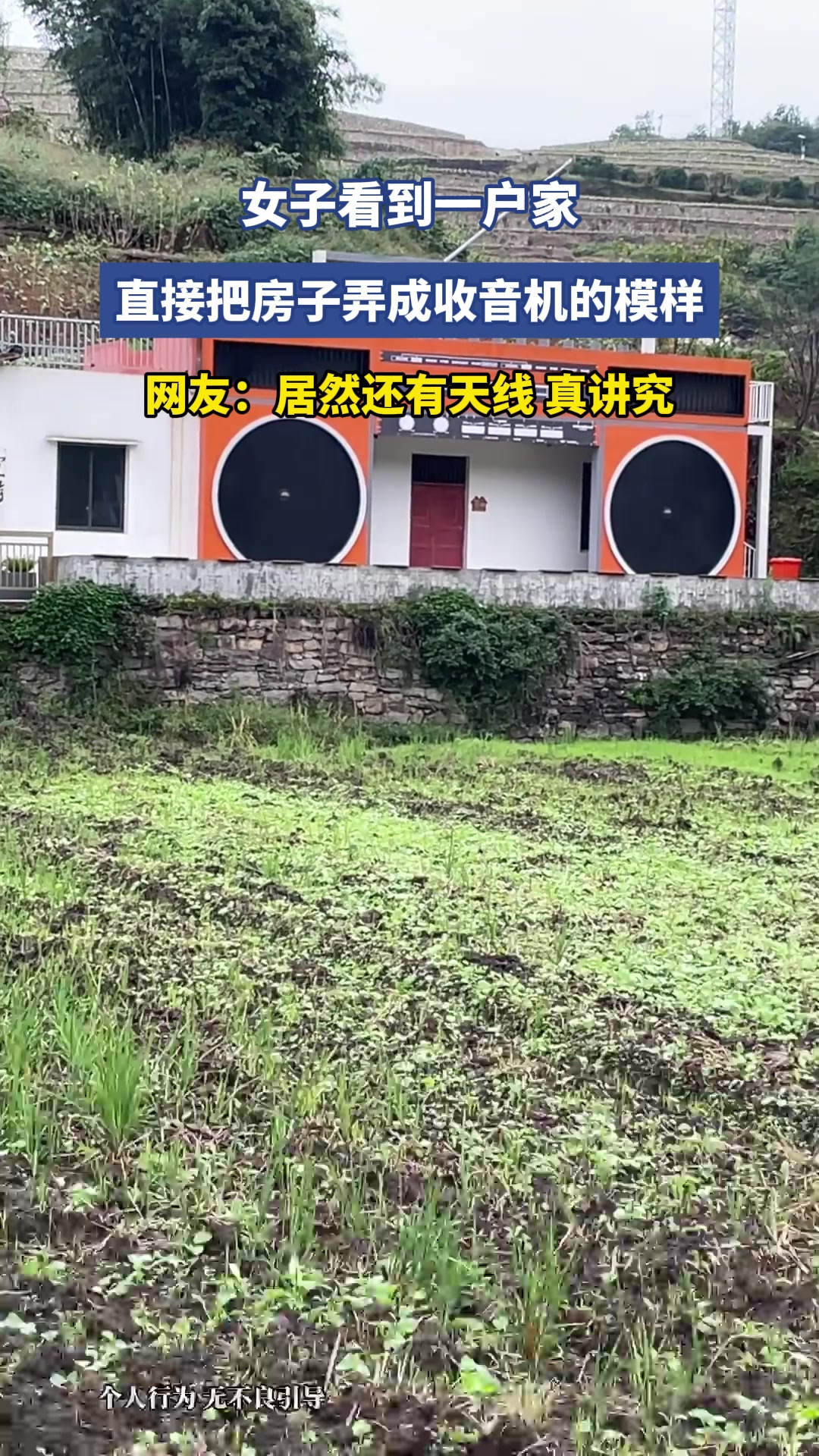 女子看到一户家，直接把房子弄成收音机的模样，网友：居然还有天线，真讲究