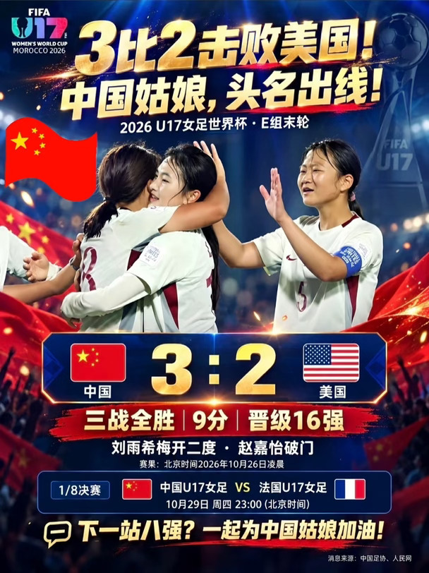 3比2击败美国！中国U17女足三战全胜