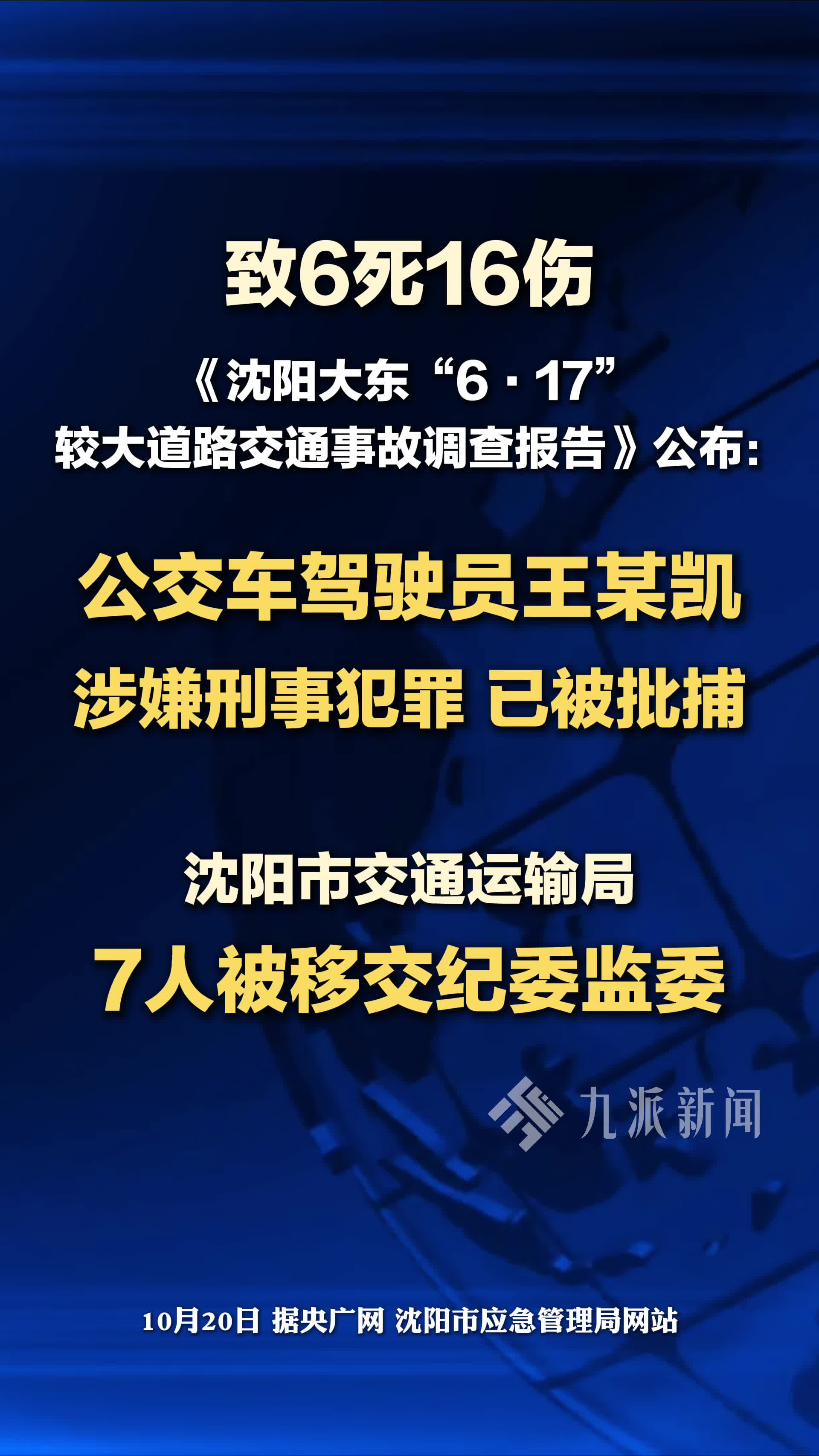 沈阳公交事故调查报告公布：事故致6死16伤，公交车驾驶员已被批捕，7人被移交纪委监委