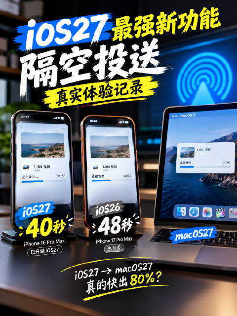 苹果说，iOS27配合macOS27，隔空投送传输速度最高可提升80%。我拿同一段1.16G视频实测