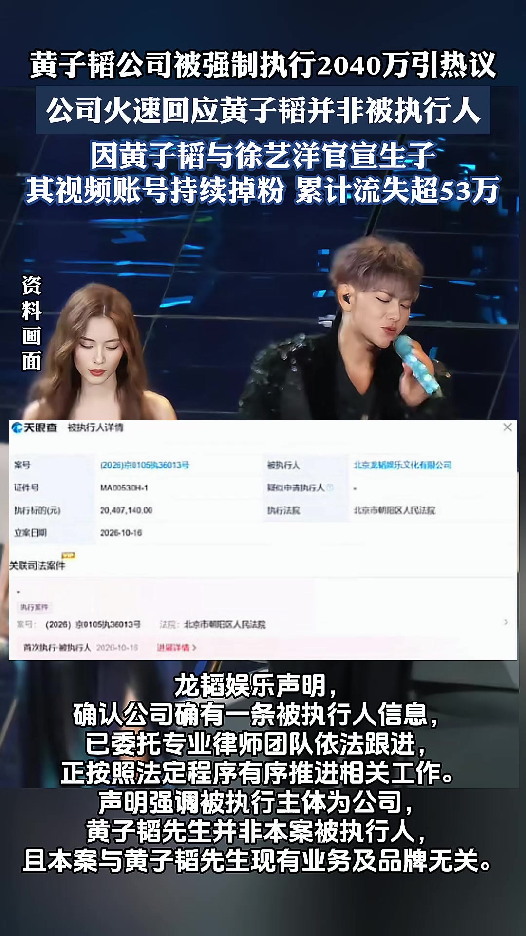 黄子韬公司被强制执行2040万引热议，视频账号持续掉粉，累计流失超53万。