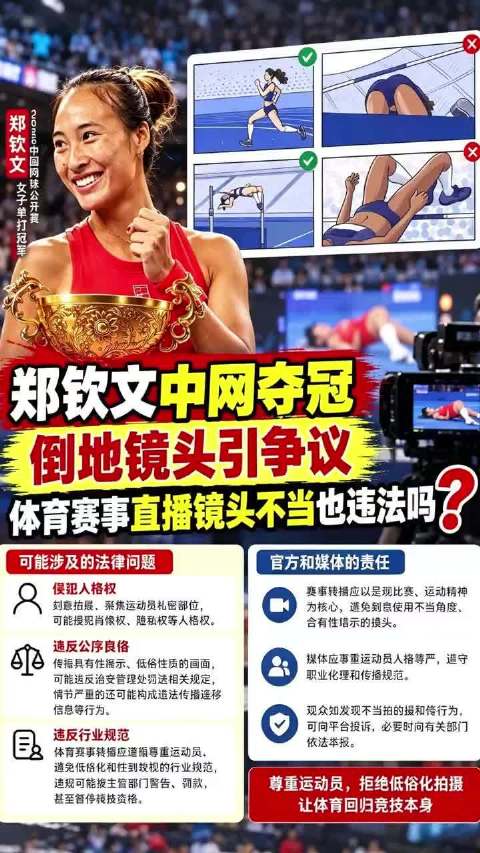 郑钦文中网夺冠倒地镜头引争议，赛事直播有啥要求？作为专业赛事转播团队，负有对所有预设机位的画面风险预