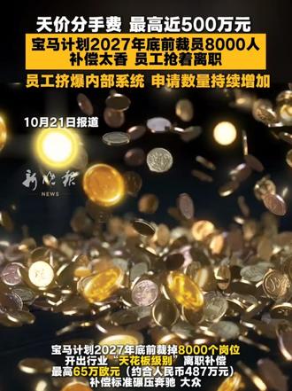 “天价分手费”最高近500万元，宝马计划2027年底前裁员8000人。补偿太香，员工抢着离职。员工挤