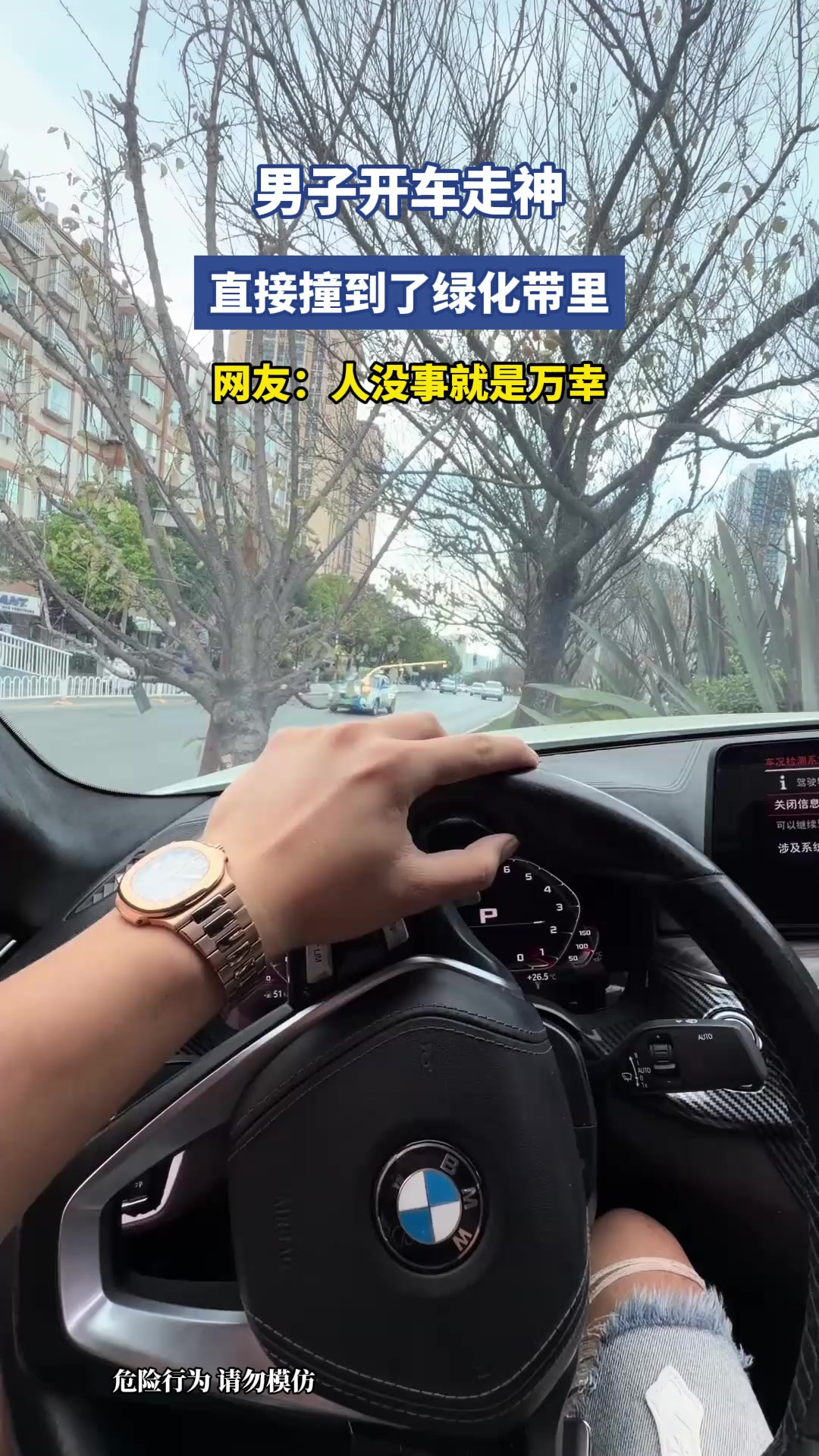 男子开车走神，直接撞到了绿化带里，网友：人没事就是万幸