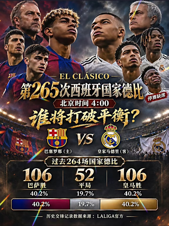第265次国家德比：谁破平衡？ 这是足坛万众瞩目的对决——第265次西班牙国家德比！巴萨坐镇主场迎战