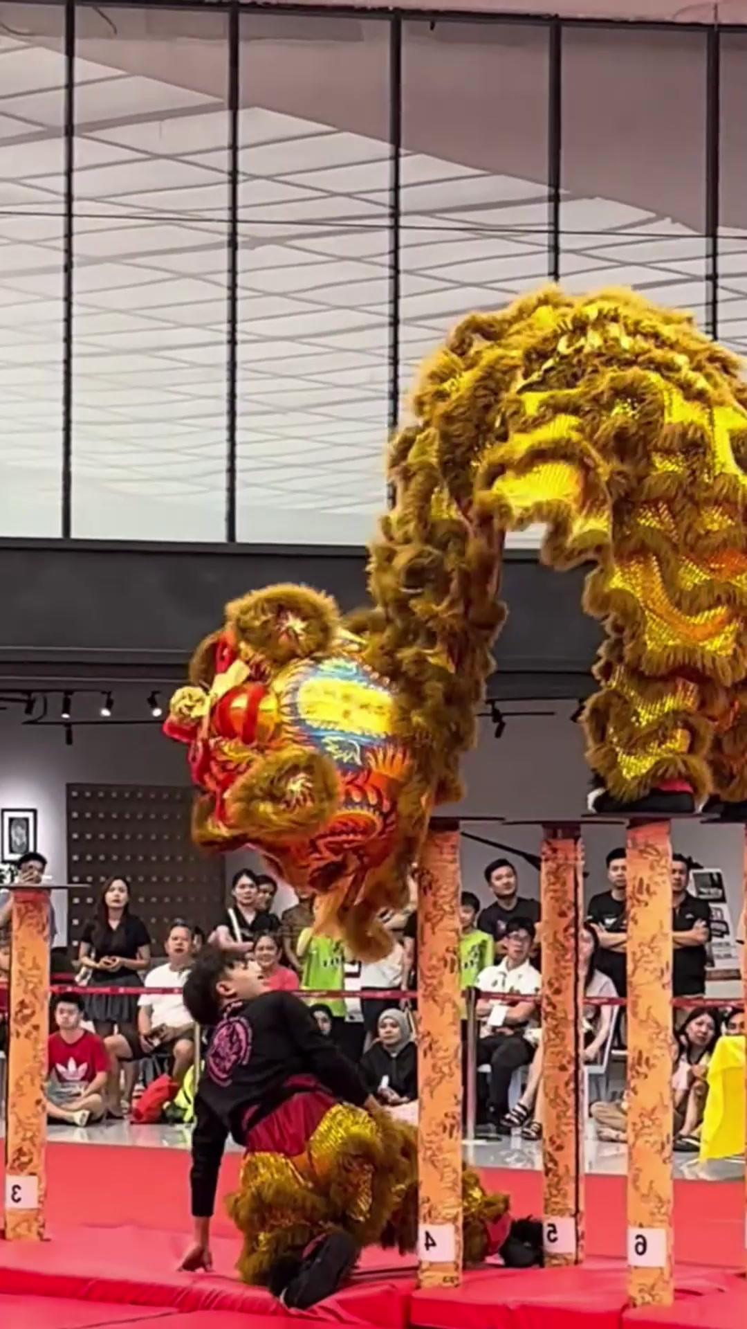 高桩舞狮表演出现失误，狮头意外垂落，为舞狮师傅捏一把汗