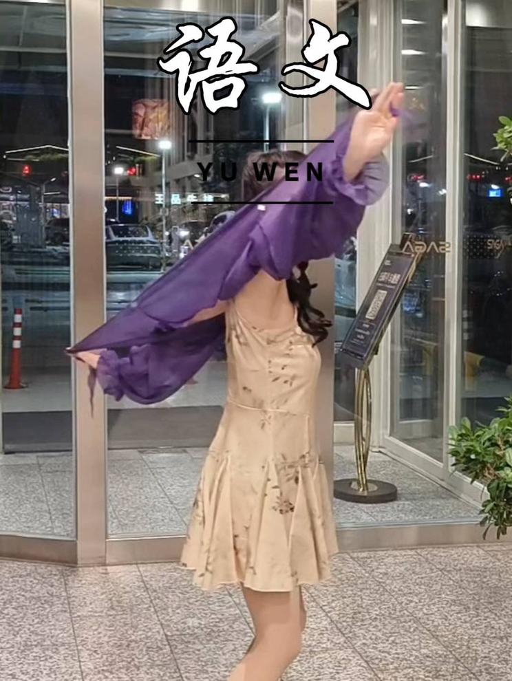 夜色中的优雅，紫色裙摆下的语文书
