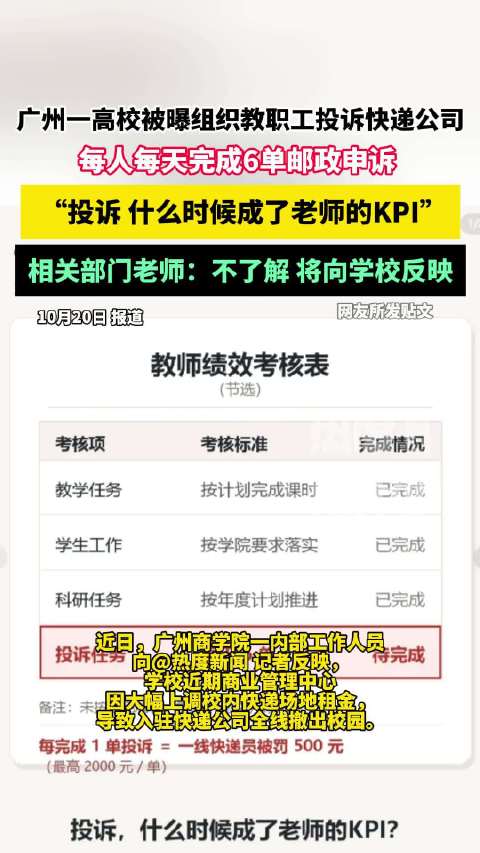 【#高校被曝组织教职工投诉快递公司##学生质疑投诉快递公司成了老师的KPI】
