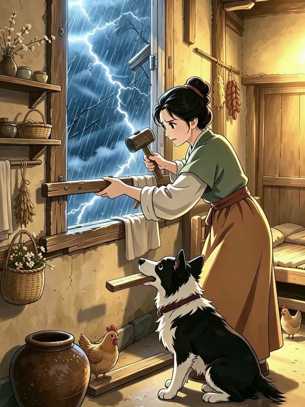 极端暴风雨天气，美貌妇人避难温暖小屋