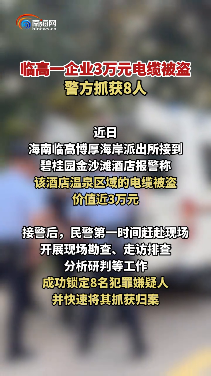 临高一企业3万元电缆被盗，警方抓获8人