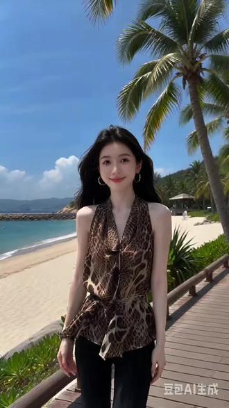 豹纹V领无袖衬衫套装