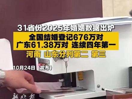 31省份2025年婚姻数据出炉，全国结婚登记676万对，广东61.38万对，连续四年第一，河南 山东